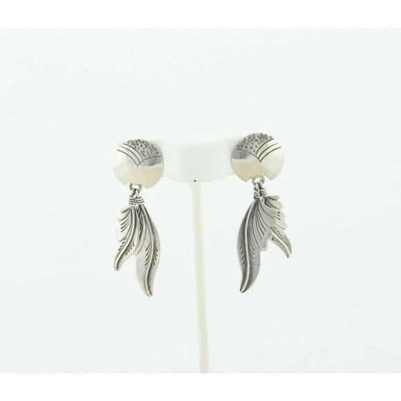 Sterling Silver Southwestern Large Feather Design Earrings Dangle Drop Earrings - Picture 5 of 7